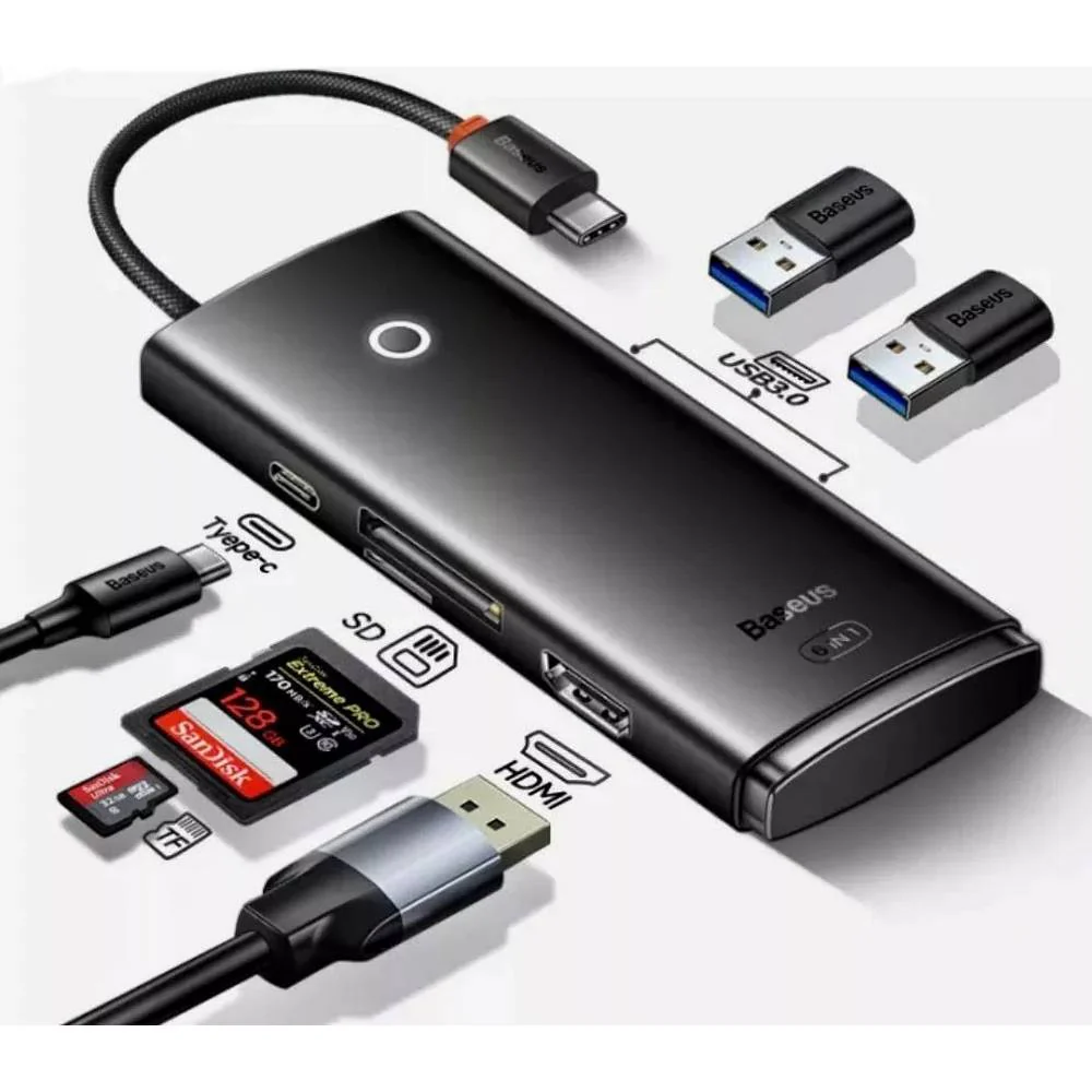 Adaptador Baseus 6 en 1 Usb-C HDMI+3*USB+PD+SD/TF WKQX050101